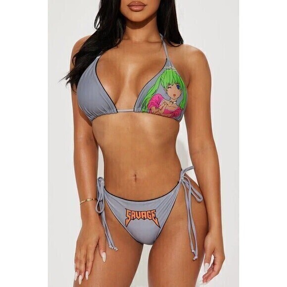 Anime Gray Savage Print Side Tie 2 Piece Bikini Size SX RefN11 - Picture 2 of 8
